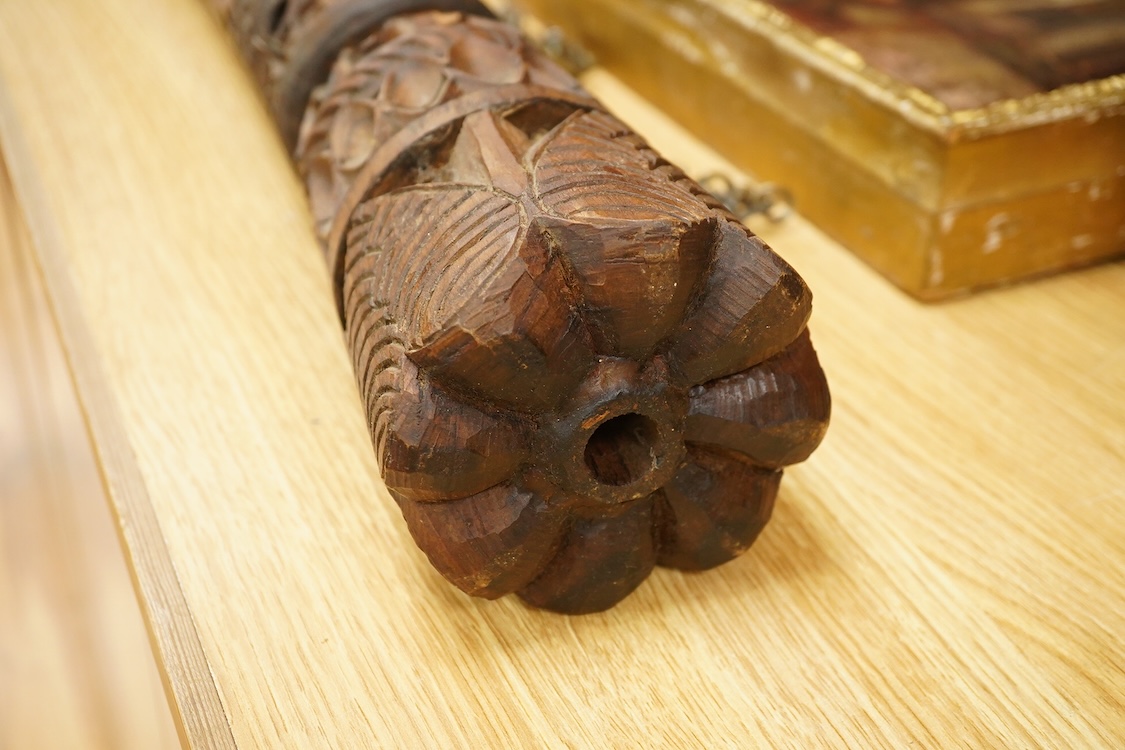 An African carved wood and cow-horn oliphant, 90cm